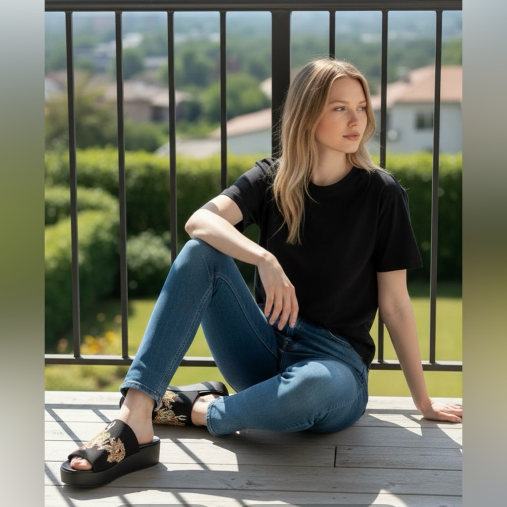 Bebe Size 9 Y2K 90s Black Dragon Slinky Platform Stretch Slide Sandals